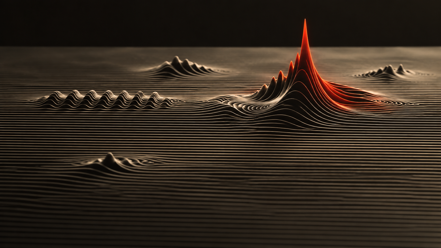 Horizontal strata of bone-coloured lines rising into a scarlet peak where the newest activity lands.